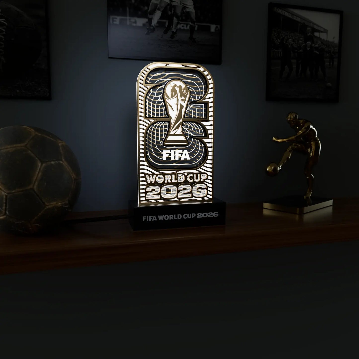 FIFA World Cup 2026 Official Licensed LED Base Acrylic Display – Layered Wood & Transparent Acrylic Panel Soccer Memorabilia, Light-Up Decor for Home, Desk, Room, Game Room & Gift Outdoorfun
