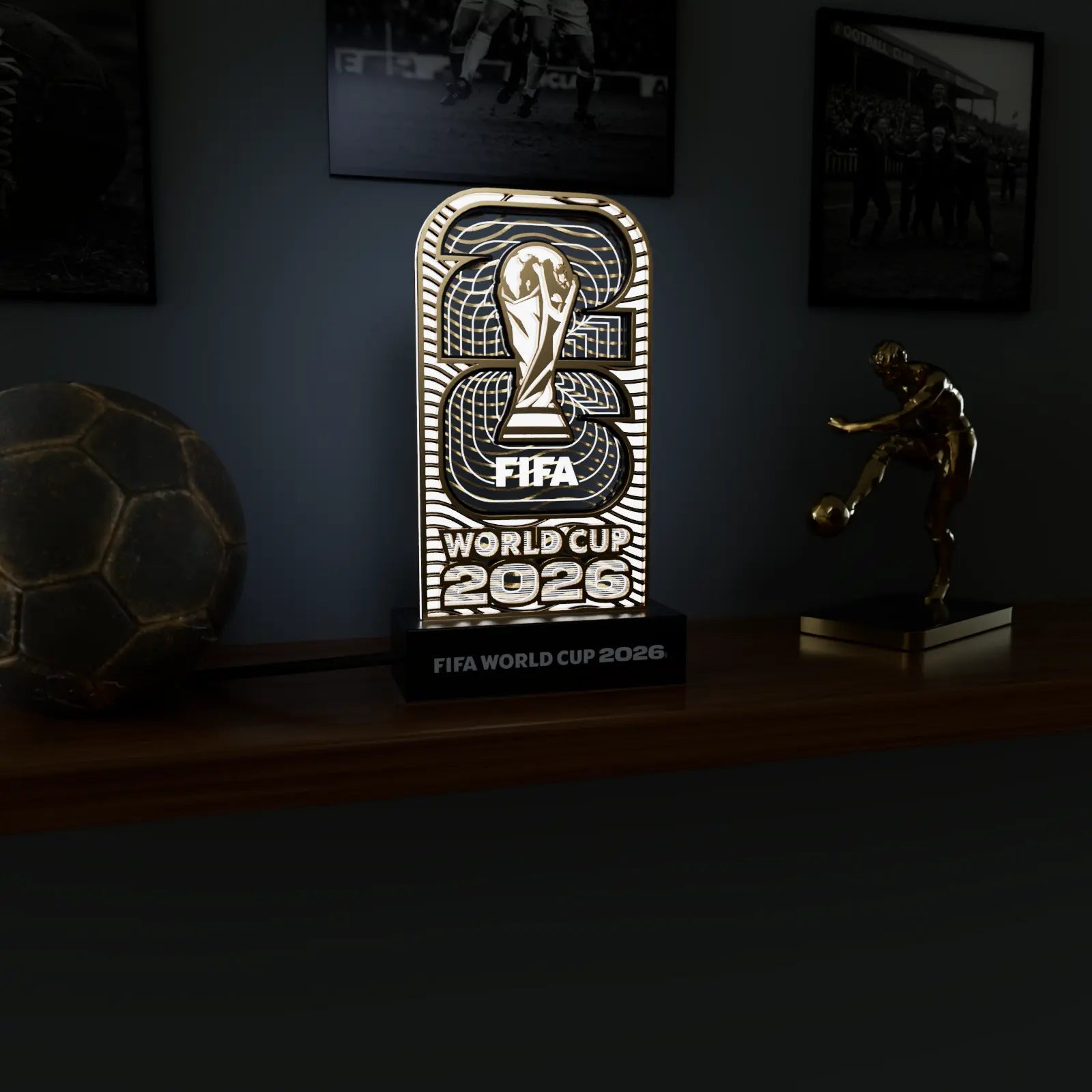 FIFA World Cup 2026 Official Licensed LED Base Acrylic Display – Layered Wood & Transparent Acrylic Panel Soccer Memorabilia, Light-Up Decor for Home, Desk, Room, Game Room & Gift Outdoorfun